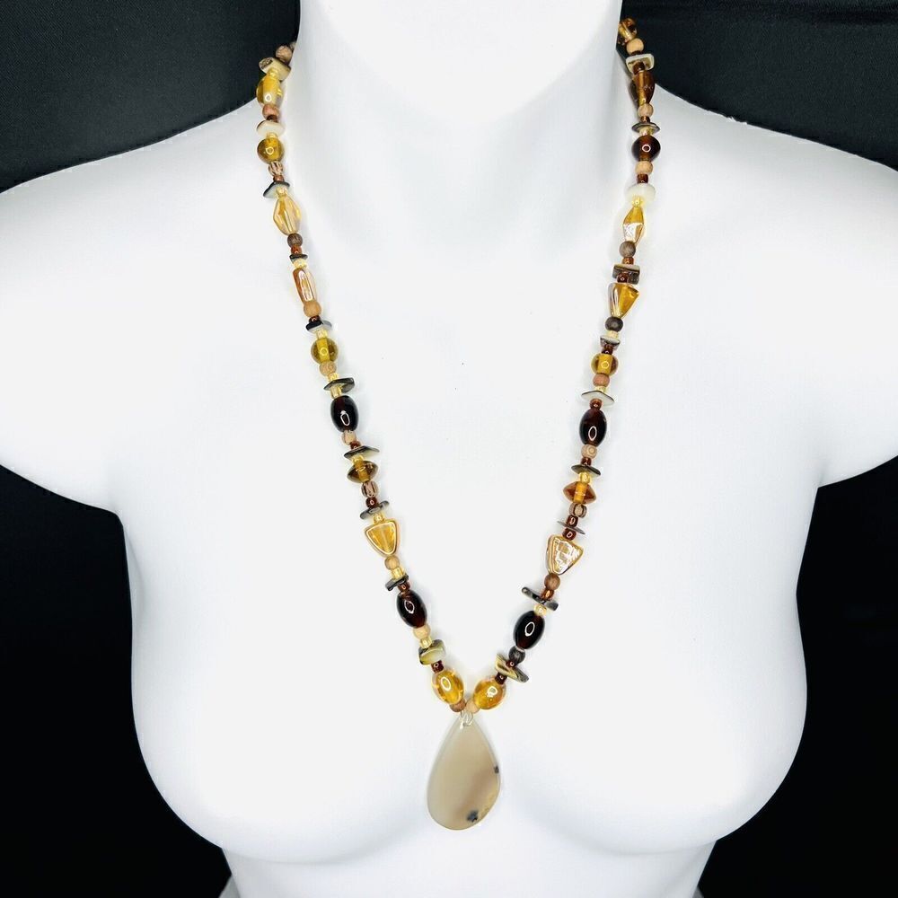 Vintage Art Glass Shell Quartz Wood Teardrop Pendant Necklace Amber Yellow 1393